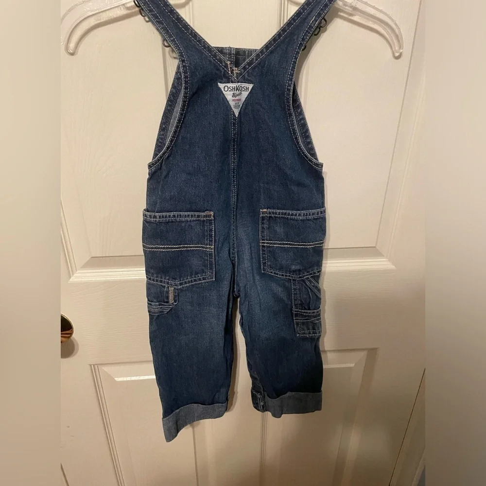Osh Kosh Denim overalls with patches and spell out
